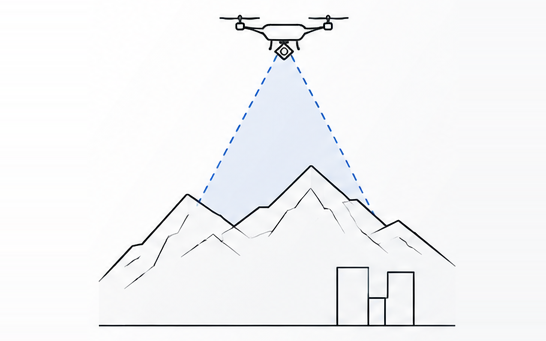 空撮のイメージ図。上空のドローンが撮影範囲を捉え、地上の建物を記録する線画